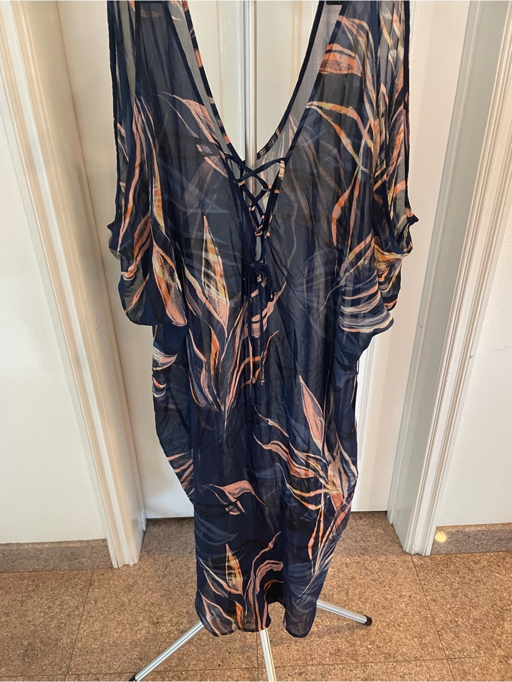ASTR Navy Floral Sheer Split-Sleeve Tunic Cover up Dress - Picture 2 of 8